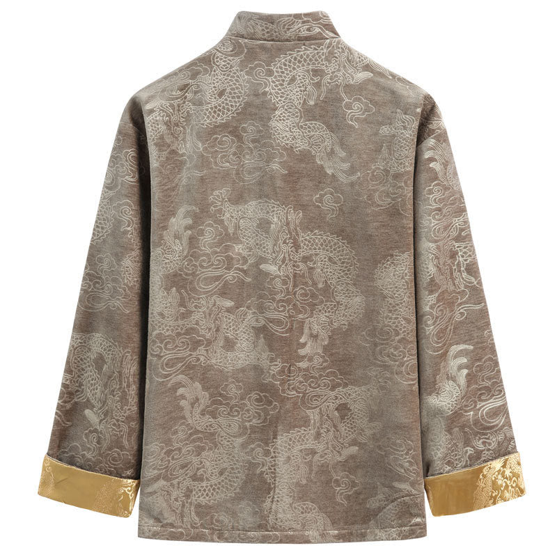 Traje Tang con botones, chaqueta y camisa para hombre con bolsillos, diseño de dragón, nubes auspiciosas y Buddha Stones para el Año Nuevo chino