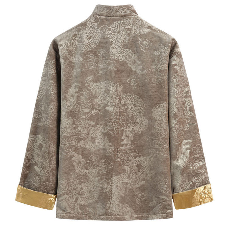 Traje Tang con botones, chaqueta y camisa para hombre con bolsillos, diseño de dragón, nubes auspiciosas y Buddha Stones para el Año Nuevo chino