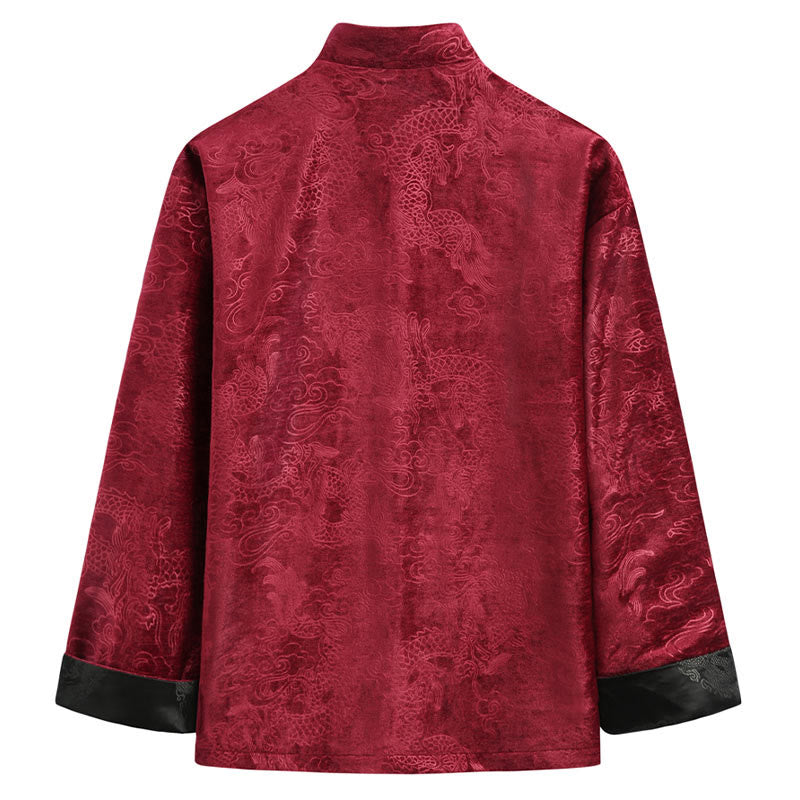Traje Tang con botones, chaqueta y camisa para hombre con bolsillos, diseño de dragón, nubes auspiciosas y Buddha Stones para el Año Nuevo chino