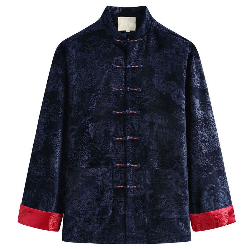 Traje Tang con botones, chaqueta y camisa para hombre con bolsillos, diseño de dragón, nubes auspiciosas y Buddha Stones para el Año Nuevo chino