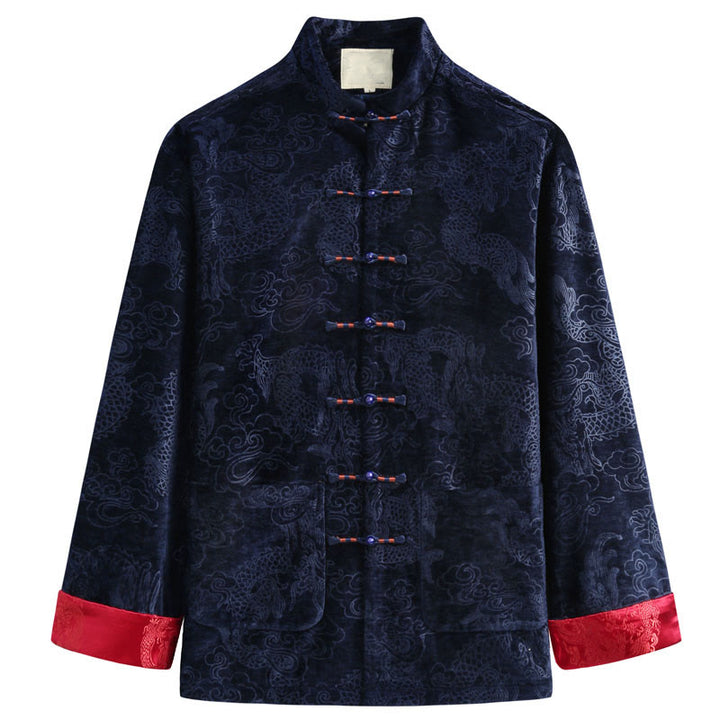 Traje Tang con botones, chaqueta y camisa para hombre con bolsillos, diseño de dragón, nubes auspiciosas y Buddha Stones para el Año Nuevo chino
