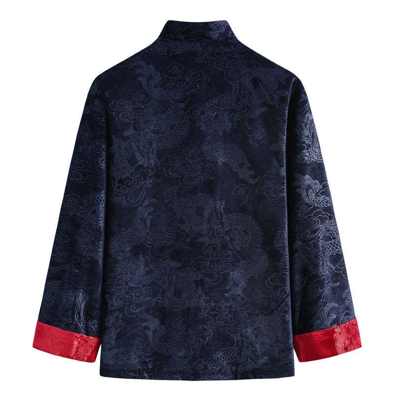 Traje Tang con botones, chaqueta y camisa para hombre con bolsillos, diseño de dragón, nubes auspiciosas y Buddha Stones para el Año Nuevo chino
