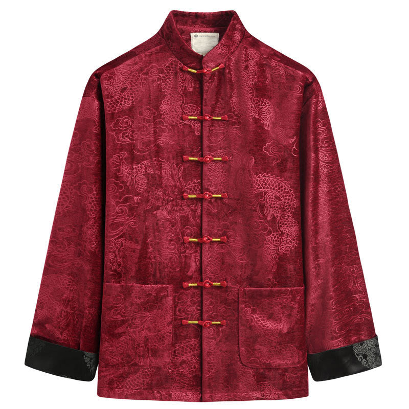 Traje Tang con botones, chaqueta y camisa para hombre con bolsillos, diseño de dragón, nubes auspiciosas y Buddha Stones para el Año Nuevo chino