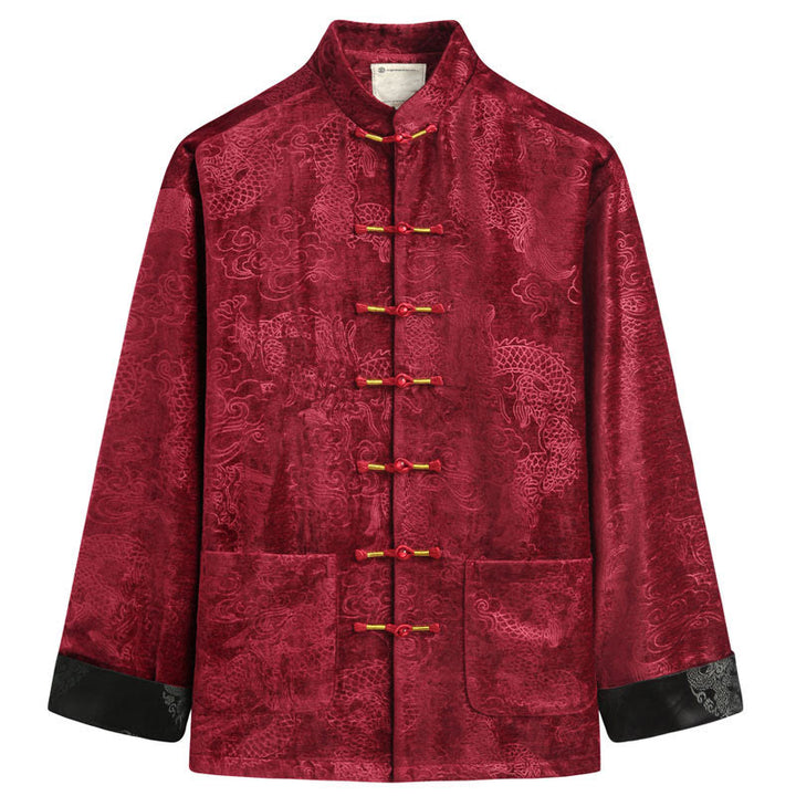 Traje Tang con botones, chaqueta y camisa para hombre con bolsillos, diseño de dragón, nubes auspiciosas y Buddha Stones para el Año Nuevo chino