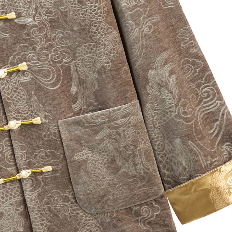 Traje Tang con botones, chaqueta y camisa para hombre con bolsillos, diseño de dragón, nubes auspiciosas y Buddha Stones para el Año Nuevo chino