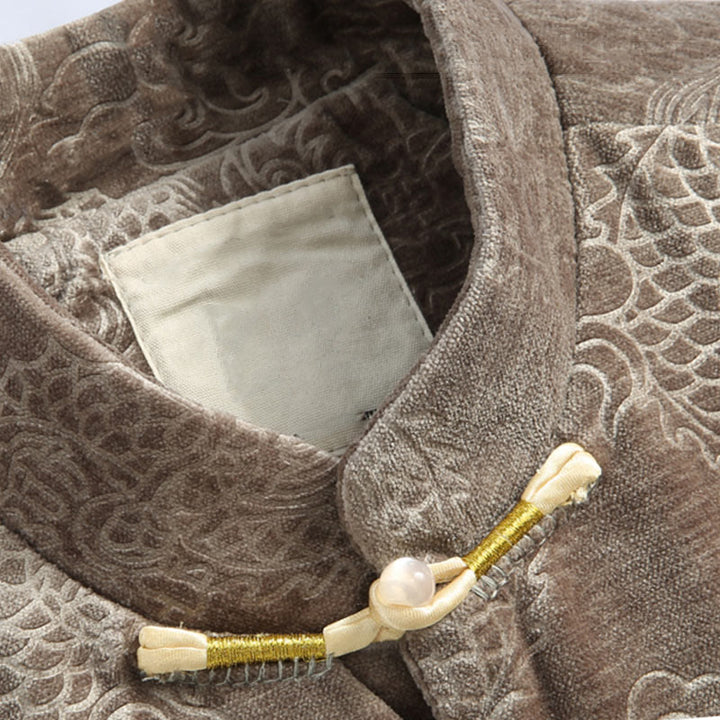 Traje Tang con botones, chaqueta y camisa para hombre con bolsillos, diseño de dragón, nubes auspiciosas y Buddha Stones para el Año Nuevo chino
