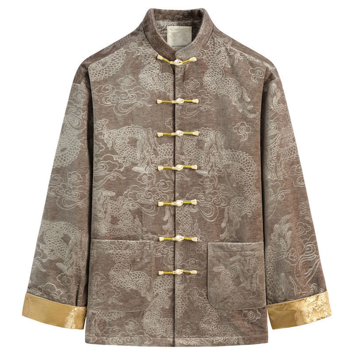 Traje Tang con botones, chaqueta y camisa para hombre con bolsillos, diseño de dragón, nubes auspiciosas y Buddha Stones para el Año Nuevo chino