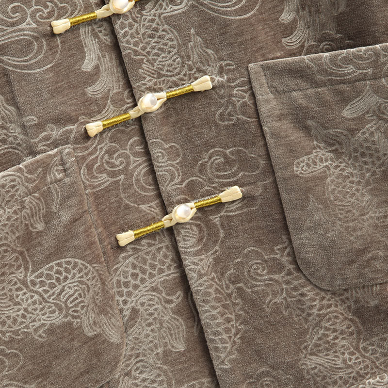 Traje Tang con botones, chaqueta y camisa para hombre con bolsillos, diseño de dragón, nubes auspiciosas y Buddha Stones para el Año Nuevo chino