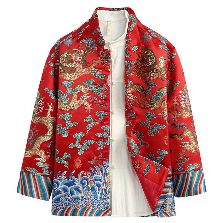 Traje Tang con botones de rana y bordado de dragón con Buddha Stones y Año Nuevo chino para hombre, chaqueta y camisa
