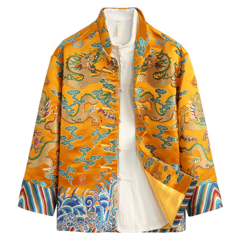 Traje Tang con botones de rana y bordado de dragón con Buddha Stones y Año Nuevo chino para hombre, chaqueta y camisa