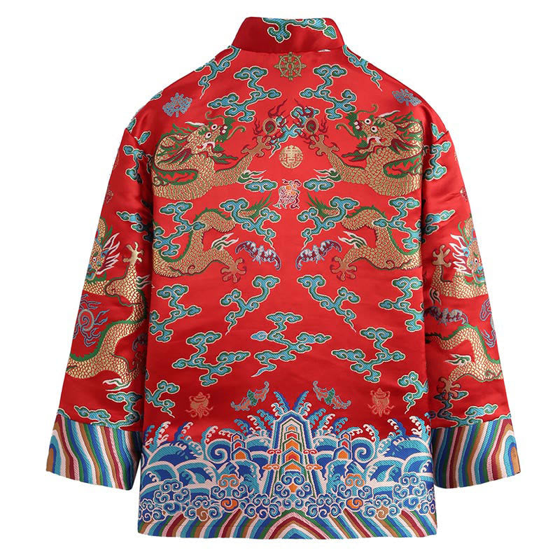 Traje Tang con botones de rana y bordado de dragón con Buddha Stones y Año Nuevo chino para hombre, chaqueta y camisa
