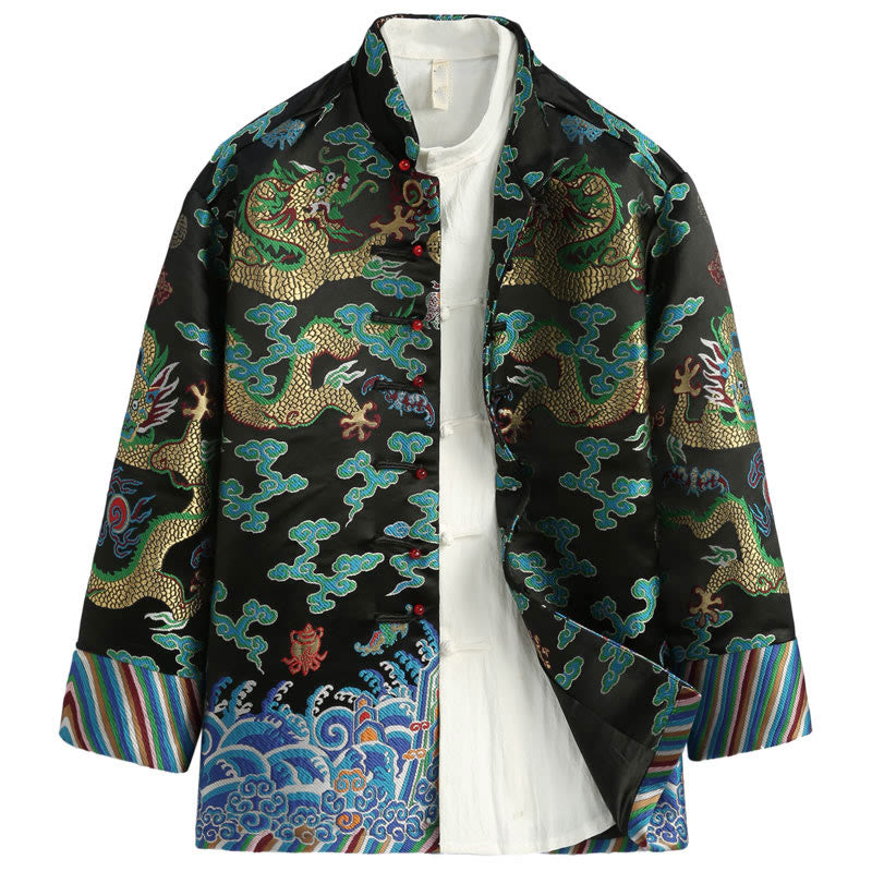 Traje Tang con botones de rana y bordado de dragón con Buddha Stones y Año Nuevo chino para hombre, chaqueta y camisa