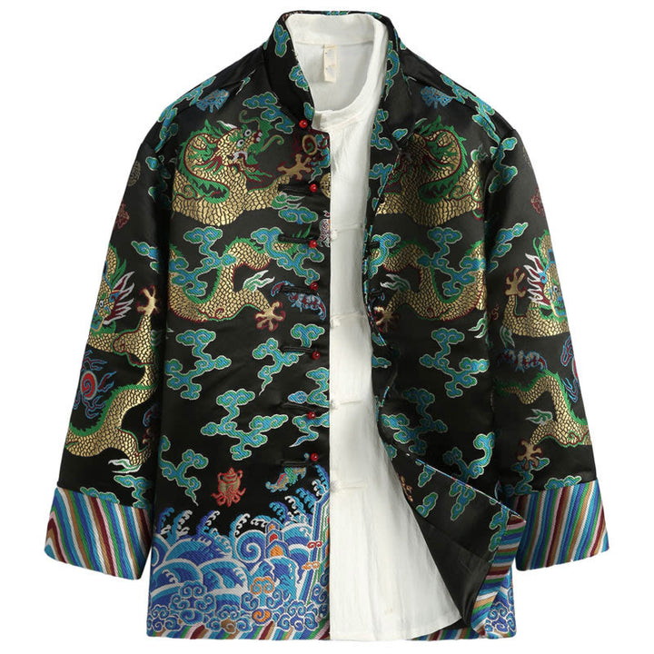 Traje Tang con botones de rana y bordado de dragón con Buddha Stones y Año Nuevo chino para hombre, chaqueta y camisa