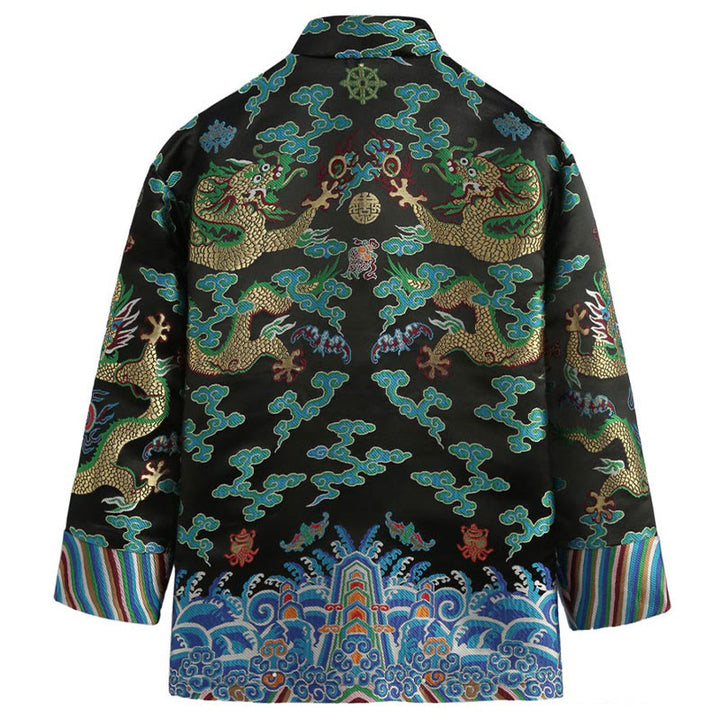 Traje Tang con botones de rana y bordado de dragón con Buddha Stones y Año Nuevo chino para hombre, chaqueta y camisa