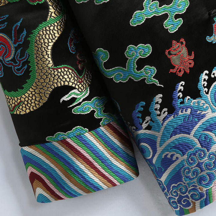Traje Tang con botones de rana y bordado de dragón con Buddha Stones y Año Nuevo chino para hombre, chaqueta y camisa