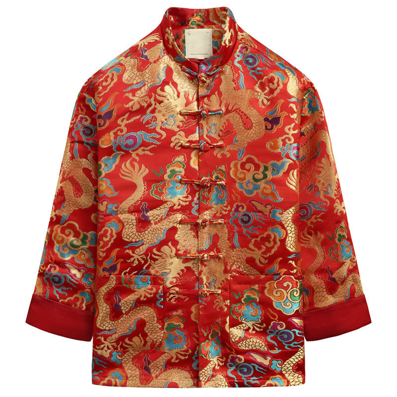 Traje Tang con botones de rana y bordado de dragón con Buddha Stones y Año Nuevo chino para hombre, chaqueta y camisa