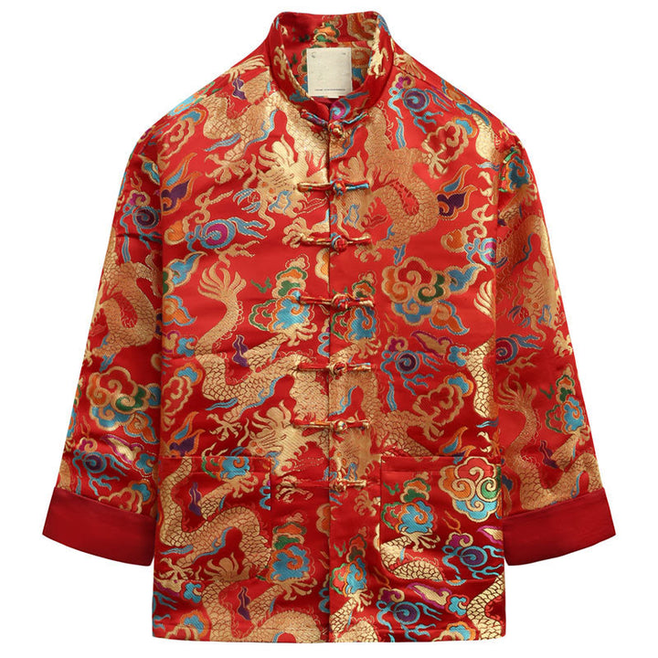 Traje Tang con botones de rana y bordado de dragón con Buddha Stones y Año Nuevo chino para hombre, chaqueta y camisa