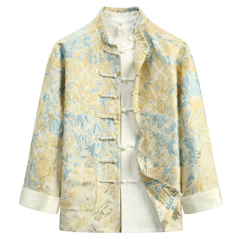 Traje Tang con bordado de jacquard y botones de rana para hombre, chaqueta y camisa con bolsillos, con Buddha Stones y año nuevo chino - Amarillo dorado claro - US/UK/AU44, EU54 (4XL) - image 0