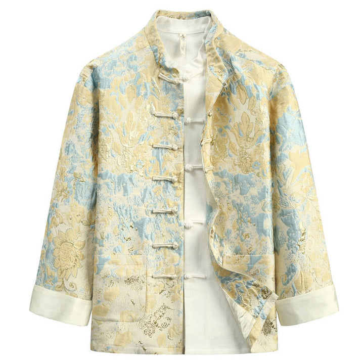 Traje Tang con bordado de jacquard y botones de rana para hombre, chaqueta y camisa con bolsillos, con Buddha Stones y año nuevo chino - Amarillo dorado claro - US/UK/AU44, EU54 (4XL) - image 0