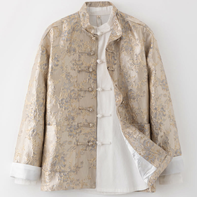 Traje Tang con bordado de jacquard y botones de rana para hombre, chaqueta y camisa con bolsillos, con Buddha Stones y año nuevo chino - BurlyWood - US/UK/AU44, EU54 (4XL) - image 10