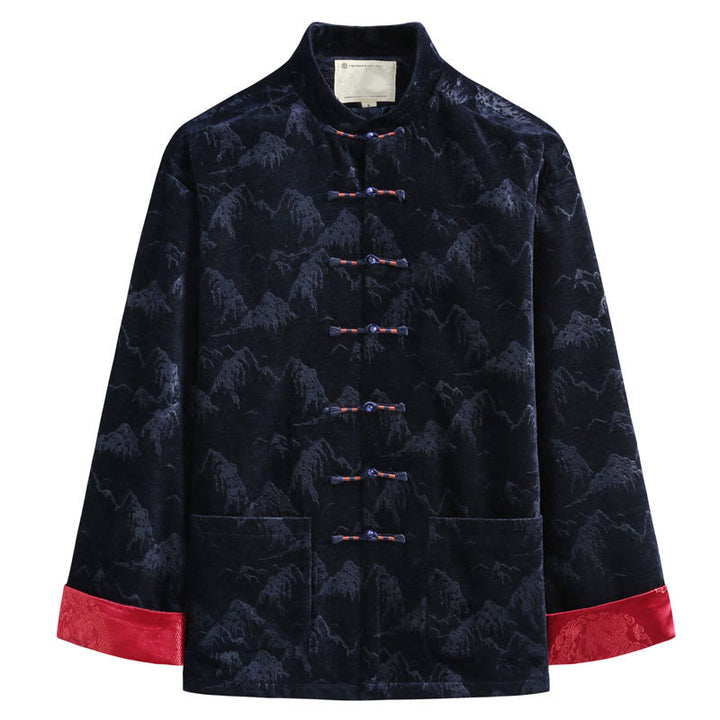 Traje Tang para hombre, chaqueta, camisa y bolsillos, con estampado de paisaje de Año Nuevo chino y Buddha Stones, hecho a mano, con botones de rana