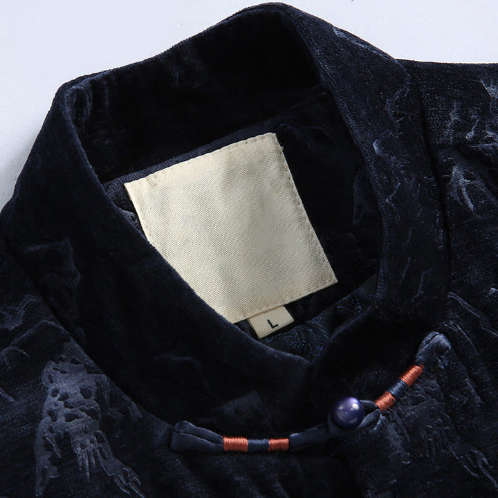 Traje Tang para hombre, chaqueta, camisa y bolsillos, con estampado de paisaje de Año Nuevo chino y Buddha Stones, hecho a mano, con botones de rana