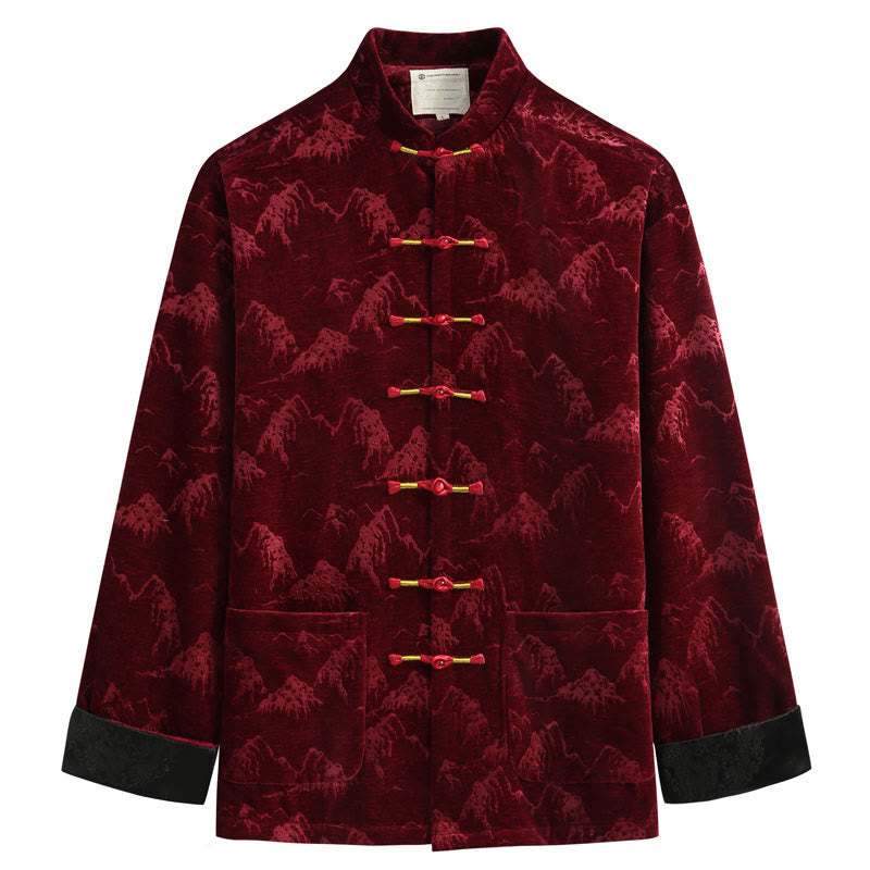 Traje Tang para hombre, chaqueta, camisa y bolsillos, con estampado de paisaje de Año Nuevo chino y Buddha Stones, hecho a mano, con botones de rana - Ladrillo refractario - US/UK/AU44, EU54 (4XL) - image 0