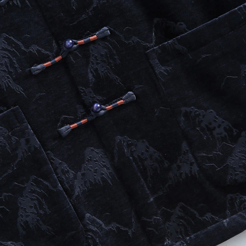 Traje Tang para hombre, chaqueta, camisa y bolsillos, con estampado de paisaje de Año Nuevo chino y Buddha Stones, hecho a mano, con botones de rana