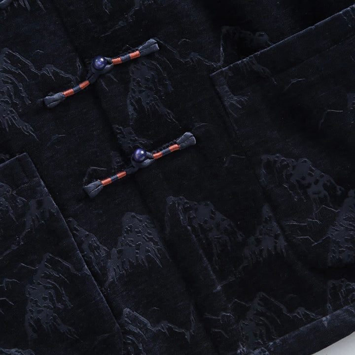 Traje Tang para hombre, chaqueta, camisa y bolsillos, con estampado de paisaje de Año Nuevo chino y Buddha Stones, hecho a mano, con botones de rana