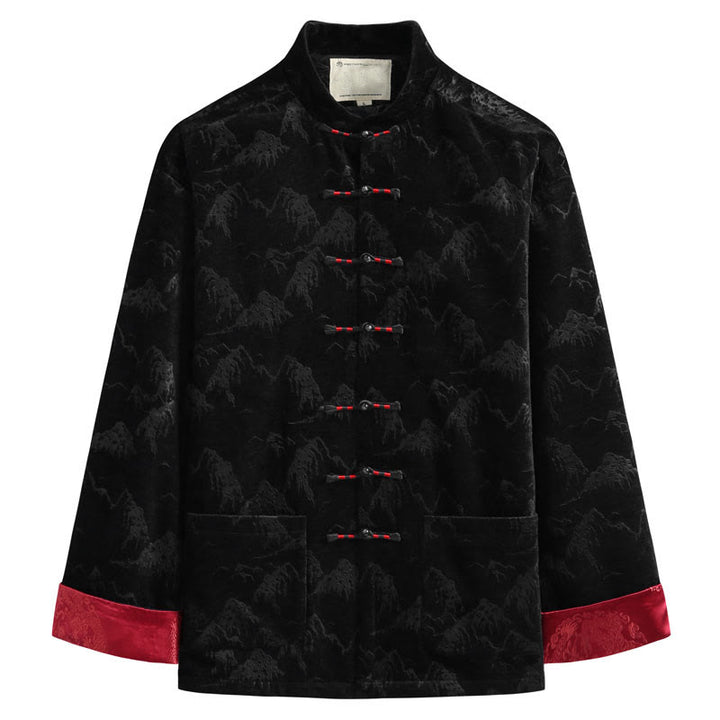 Traje Tang para hombre, chaqueta, camisa y bolsillos, con estampado de paisaje de Año Nuevo chino y Buddha Stones, hecho a mano, con botones de rana