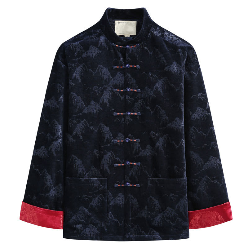 Traje Tang para hombre, chaqueta, camisa y bolsillos, con estampado de paisaje de Año Nuevo chino y Buddha Stones, hecho a mano, con botones de rana - Azul medianoche - US/UK/AU44, EU54 (4XL) - image 4