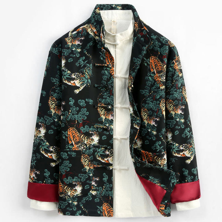 Traje Tang con puños rojos y botones de rana para hombre, chaqueta y camisa con bolsillos, con Buddha Stones y bosque de Año Nuevo chino y tigre