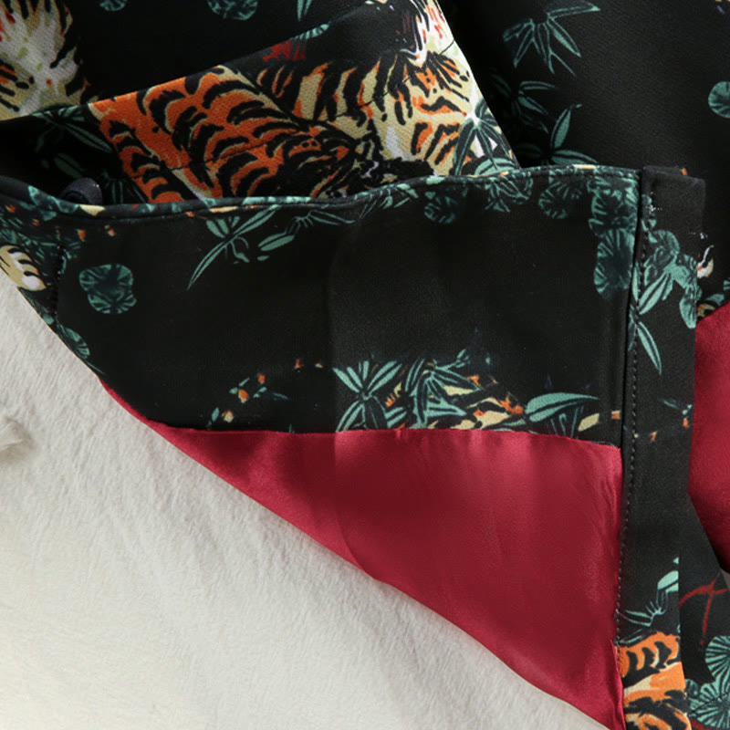 Traje Tang con puños rojos y botones de rana para hombre, chaqueta y camisa con bolsillos, con Buddha Stones y bosque de Año Nuevo chino y tigre