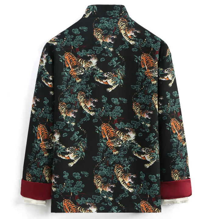Traje Tang con puños rojos y botones de rana para hombre, chaqueta y camisa con bolsillos, con Buddha Stones y bosque de Año Nuevo chino y tigre