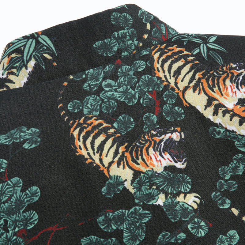 Traje Tang con puños rojos y botones de rana para hombre, chaqueta y camisa con bolsillos, con Buddha Stones y bosque de Año Nuevo chino y tigre