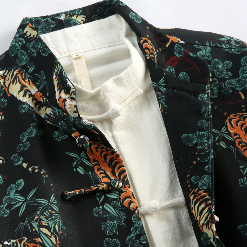 Traje Tang con puños rojos y botones de rana para hombre, chaqueta y camisa con bolsillos, con Buddha Stones y bosque de Año Nuevo chino y tigre