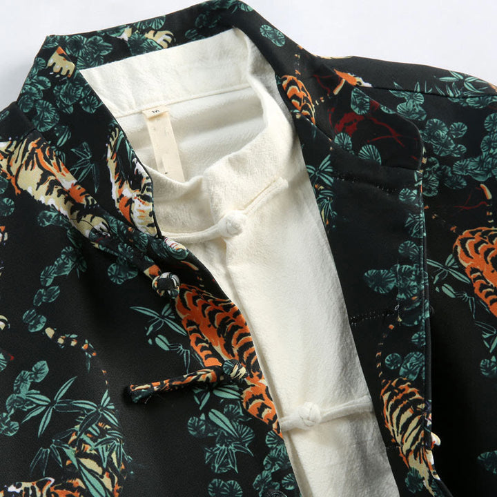 Traje Tang con puños rojos y botones de rana para hombre, chaqueta y camisa con bolsillos, con Buddha Stones y bosque de Año Nuevo chino y tigre