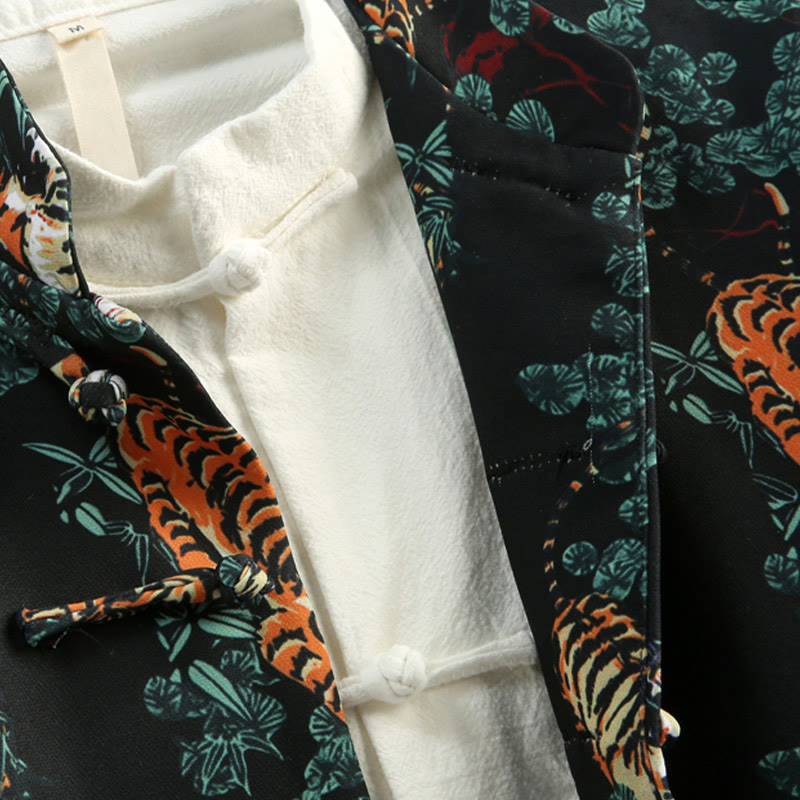 Traje Tang con puños rojos y botones de rana para hombre, chaqueta y camisa con bolsillos, con Buddha Stones y bosque de Año Nuevo chino y tigre