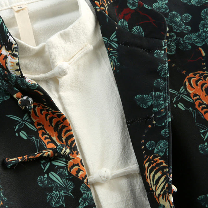 Traje Tang con puños rojos y botones de rana para hombre, chaqueta y camisa con bolsillos, con Buddha Stones y bosque de Año Nuevo chino y tigre