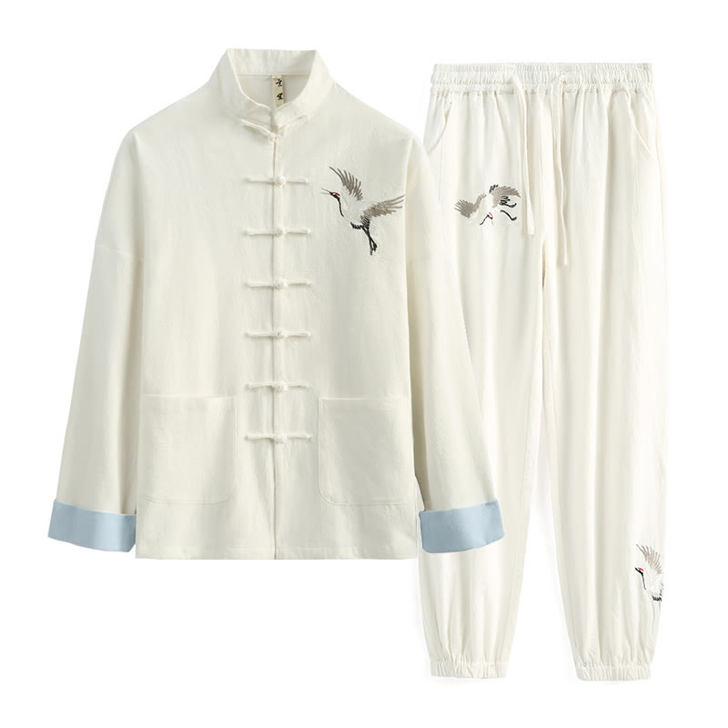 Traje Tang con bordado de grullas y Buddha Stones para Año Nuevo chino, Hanfu, manga larga, pantalones, ropa de algodón y lino, conjunto para hombre con bolsillos