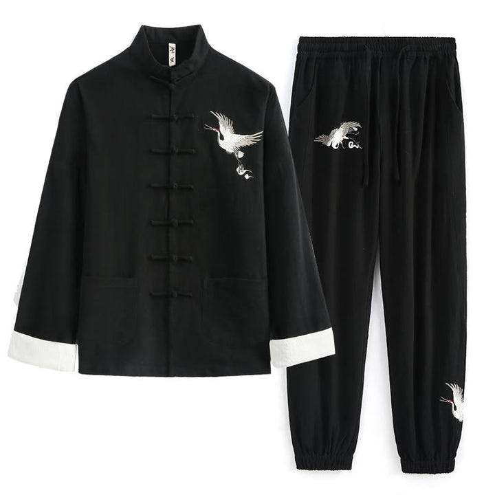 Traje Tang con bordado de grullas y Buddha Stones para Año Nuevo chino, Hanfu, manga larga, pantalones, ropa de algodón y lino, conjunto para hombre con bolsillos