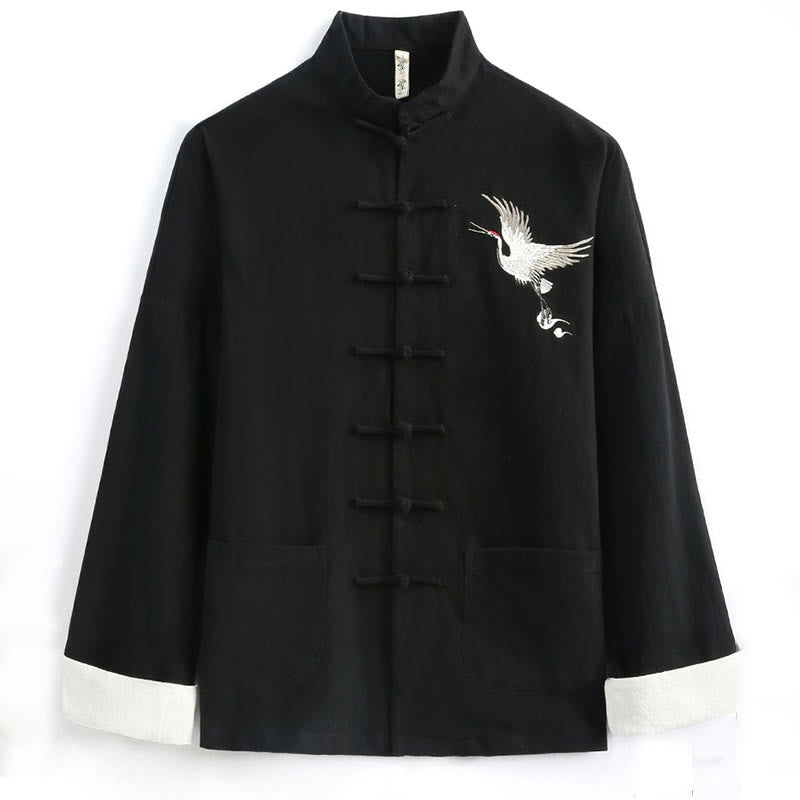 Traje Tang con bordado de grullas y Buddha Stones para Año Nuevo chino, Hanfu, manga larga, pantalones, ropa de algodón y lino, conjunto para hombre con bolsillos - image 1