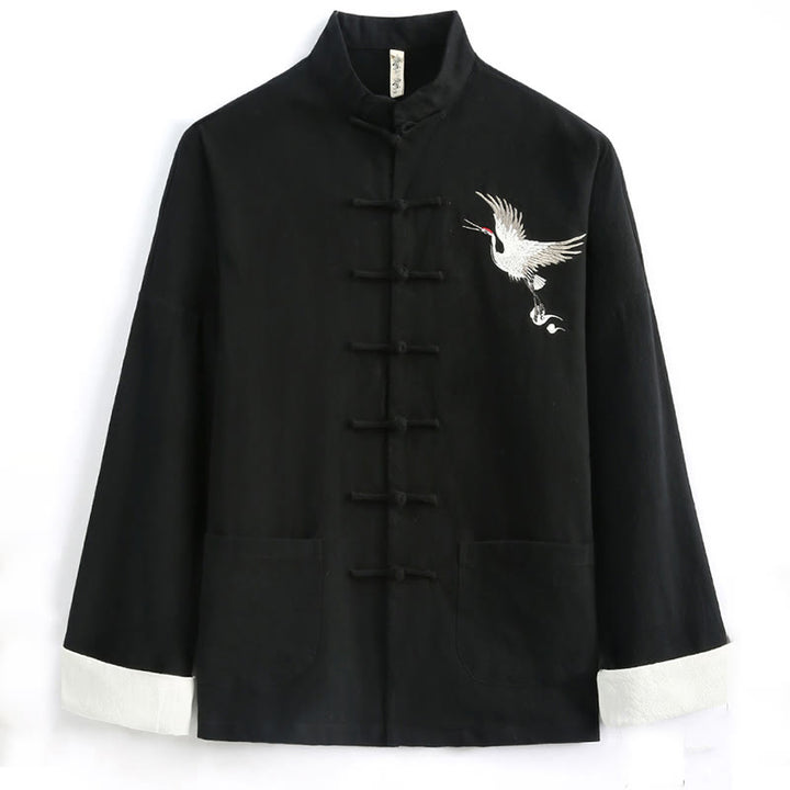 Traje Tang con bordado de grullas y Buddha Stones para Año Nuevo chino, Hanfu, manga larga, pantalones, ropa de algodón y lino, conjunto para hombre con bolsillos - image 1