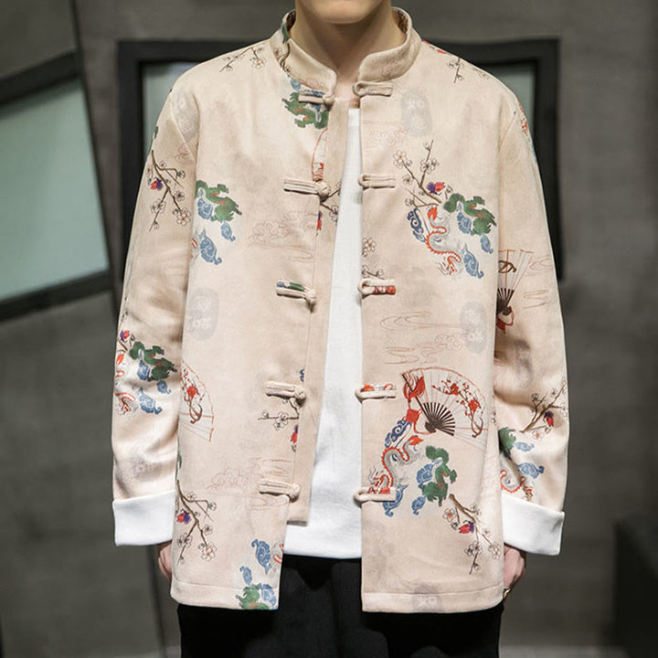 Traje Tang de algodón para hombre, chaqueta y camisa con botones de rana y flores, abanico de dragón y nubes auspiciosas, ropa de Año Nuevo chino con piedras de Buddha Stones