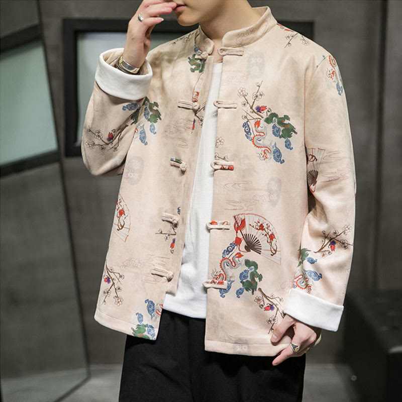 Traje Tang de algodón para hombre, chaqueta y camisa con botones de rana y flores, abanico de dragón y nubes auspiciosas, ropa de Año Nuevo chino con piedras de Buddha Stones