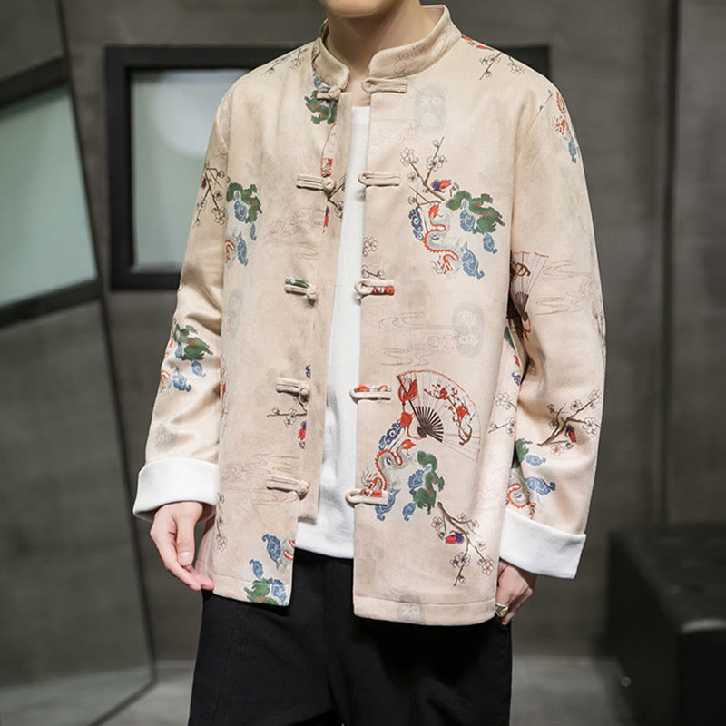 Traje Tang de algodón para hombre, chaqueta y camisa con botones de rana y flores, abanico de dragón y nubes auspiciosas, ropa de Año Nuevo chino con piedras de Buddha Stones