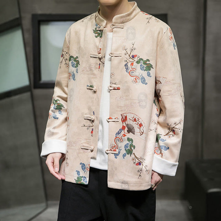Traje Tang de algodón para hombre, chaqueta y camisa con botones de rana y flores, abanico de dragón y nubes auspiciosas, ropa de Año Nuevo chino con piedras de Buddha Stones