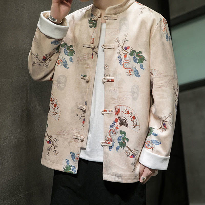 Traje Tang de algodón para hombre, chaqueta y camisa con botones de rana y flores, abanico de dragón y nubes auspiciosas, ropa de Año Nuevo chino con piedras de Buddha Stones