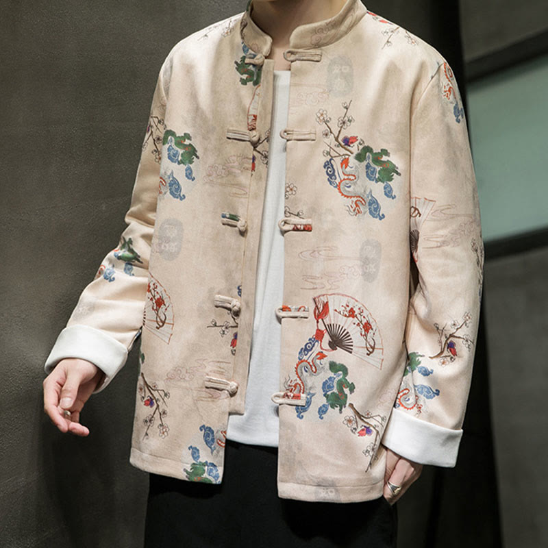 Traje Tang de algodón para hombre, chaqueta y camisa con botones de rana y flores, abanico de dragón y nubes auspiciosas, ropa de Año Nuevo chino con piedras de Buddha Stones