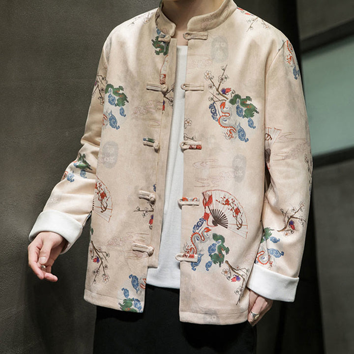 Traje Tang de algodón para hombre, chaqueta y camisa con botones de rana y flores, abanico de dragón y nubes auspiciosas, ropa de Año Nuevo chino con piedras de Buddha Stones
